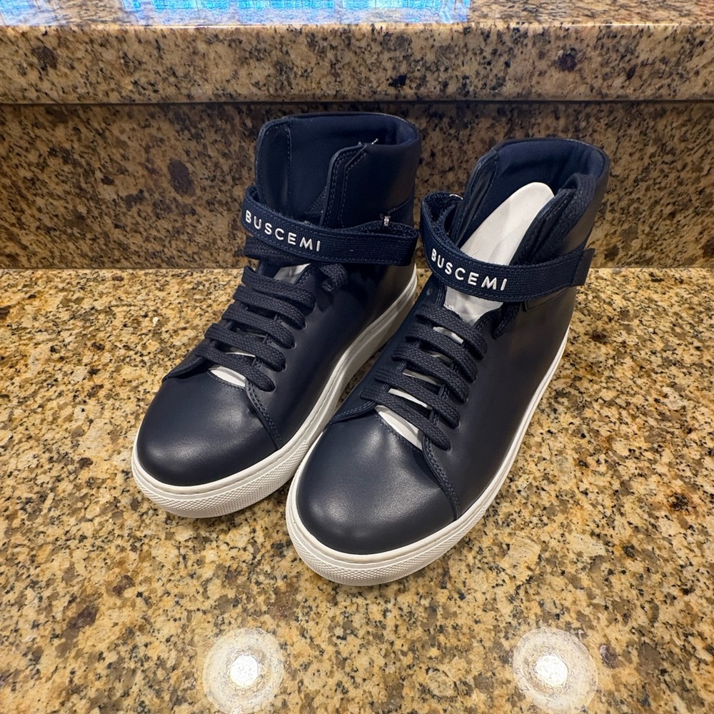 Buscemi Big Boys Kids Navy Leather High Top Sneakers Made in Italy 33 US 1.5-2